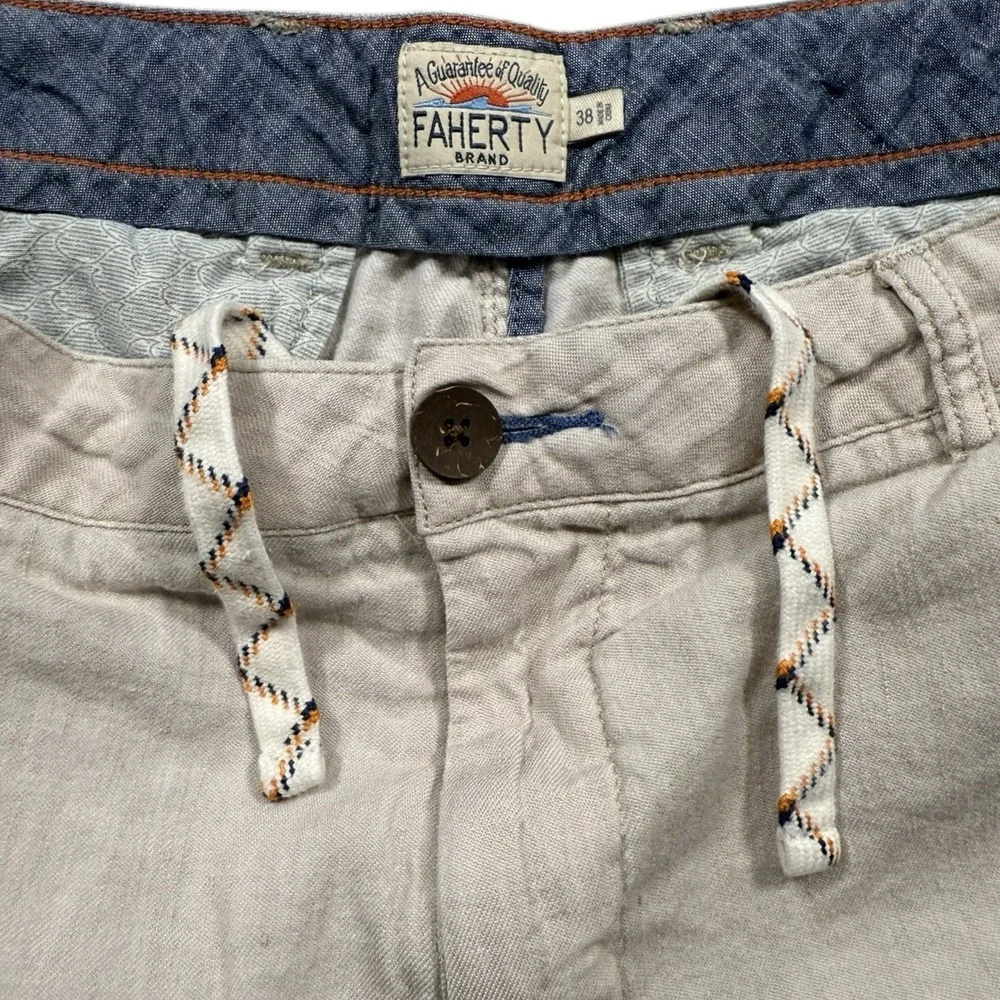 Faherty Men's Shorts Size 38 Drawstring Tan Khaki Beige Linen-Blend 6.5 inseam